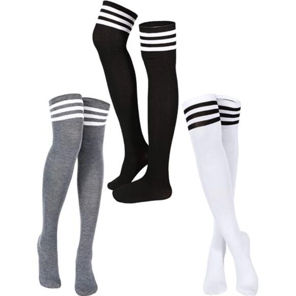 3 Pairs Knee High Socks Thigh High Triple Stripe over the Knee Socks - Picture 1 of 7